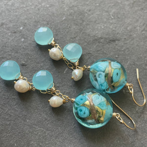 Blue Sweet Roses Murano Glass, Chalcedony and Pearl Dangle Earrings