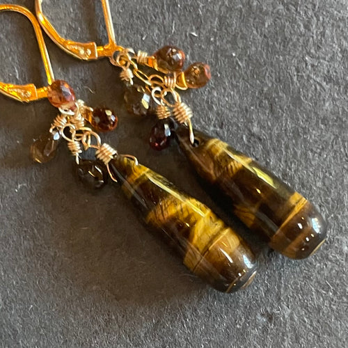 Tiger’s Eye and Sapphire Drop Earrings, OOAK