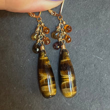 Load image into Gallery viewer, Tiger’s Eye and Sapphire Drop Earrings, OOAK