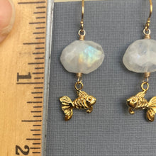 Load image into Gallery viewer, Goldfish and Rainbow Moonstone Earrings, OOAK
