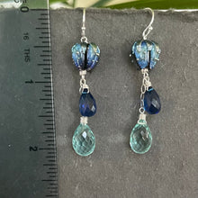 Load image into Gallery viewer, Flora European Lampwork And Quartz Dangle Earrings, Aqua and Cobalt Blue, metal and earwire options