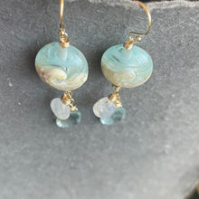 Load image into Gallery viewer, Lampwork Surf Glass, Moonstone, and Natural Aquamarine Earrings, OOAK 2