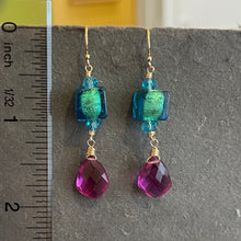 Load image into Gallery viewer, Vivid Teal and Magenta Golden Murano Glass Dangle Earrings