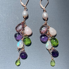 Load image into Gallery viewer, Pink Opal, Mystic Quartz, Amethyst, Peridot, Pearl and Quartz Cascade Cluster Earrings, metal and earwire options