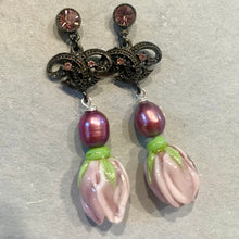 Load image into Gallery viewer, New x Vintage Combo Kunzite European Glass Flower Earrings, OOAK