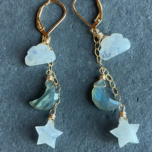 Cloud, Star, and Moon Earrings, Rainbow Moonstone and Labradorite, OOAK
