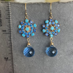 Turquoise and Sapphire Crystal and Quartz Floral Teardrop Earrings