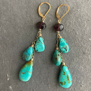 Natural Turquoise and Garnet Cascade Earrings, OOAK