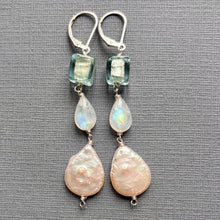 Load image into Gallery viewer, Murano Glass, Moonstone and Pearl Dangle Earrings, OOAK