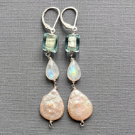 Murano Glass, Moonstone and Pearl Dangle Earrings, OOAK