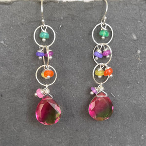 Color Lover Sapphire Pink to Peridot Green Doublet and Opal Dangle Earrings