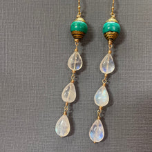 Load image into Gallery viewer, Artisan Turquoise and Rainbow Moonstone Dangle Earrings, OOAK