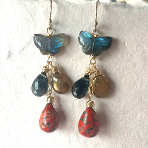 Butterfly Labradorite and Orange Turquoise Earrings,  OOAK