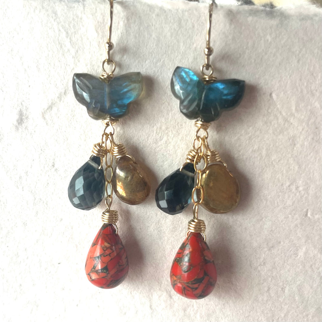 Butterfly Labradorite and Orange Turquoise Earrings,  OOAK