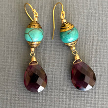 Load image into Gallery viewer, Natural Turquoise Artisan Dangles with Plum Quartz, OOAK