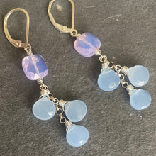 Load image into Gallery viewer, Pale Periwinkle Chalcedony and Lavender Quartz cushion Cut Cascade Earrings
