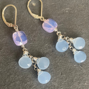 Pale Periwinkle Chalcedony and Lavender Quartz cushion Cut Cascade Earrings