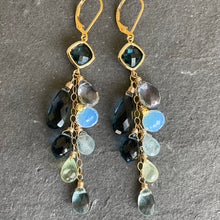 Load image into Gallery viewer, London Blue Quartz, Aquamarine, Opalite, Prehnite Cascade Cluster Earrings