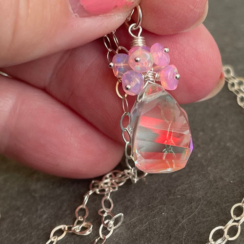 Fire Moonstone Quartz and Pink Opal Necklace, OOAK