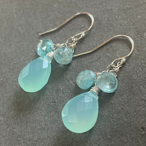 Blue Zircon and Chalcedony Dangle Earrings, OOAK