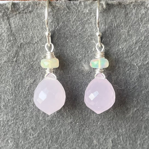 Glowing Pink Chalcedony and Opal Dewdrop Leverback Earrings