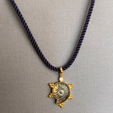 Load image into Gallery viewer, Labradorite carved Ammonite Necklace, Bubble Bezel, Navy Cord