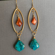 Load image into Gallery viewer, Chrysocolla and Sunstone Marquis Open Hoop Earrings, OOAK