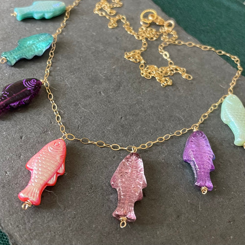 Reversible Czech Glass Fish Necklace, 20”