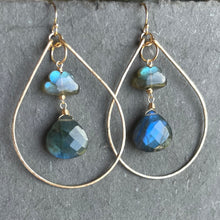 Load image into Gallery viewer, Raincloud and Raindrop Labradorite KATIE Hammered 2&quot; Hoop Earrings Size: Medium , sterling, rose gold or gold