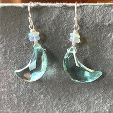 Load image into Gallery viewer, Aqua Blue Quartz and Opal Crescent Moon Earrings, metal and earwire options