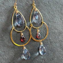 Load image into Gallery viewer, Mystic Blue Quartz and Garnet Gold Filled Double Hoops, OOAK