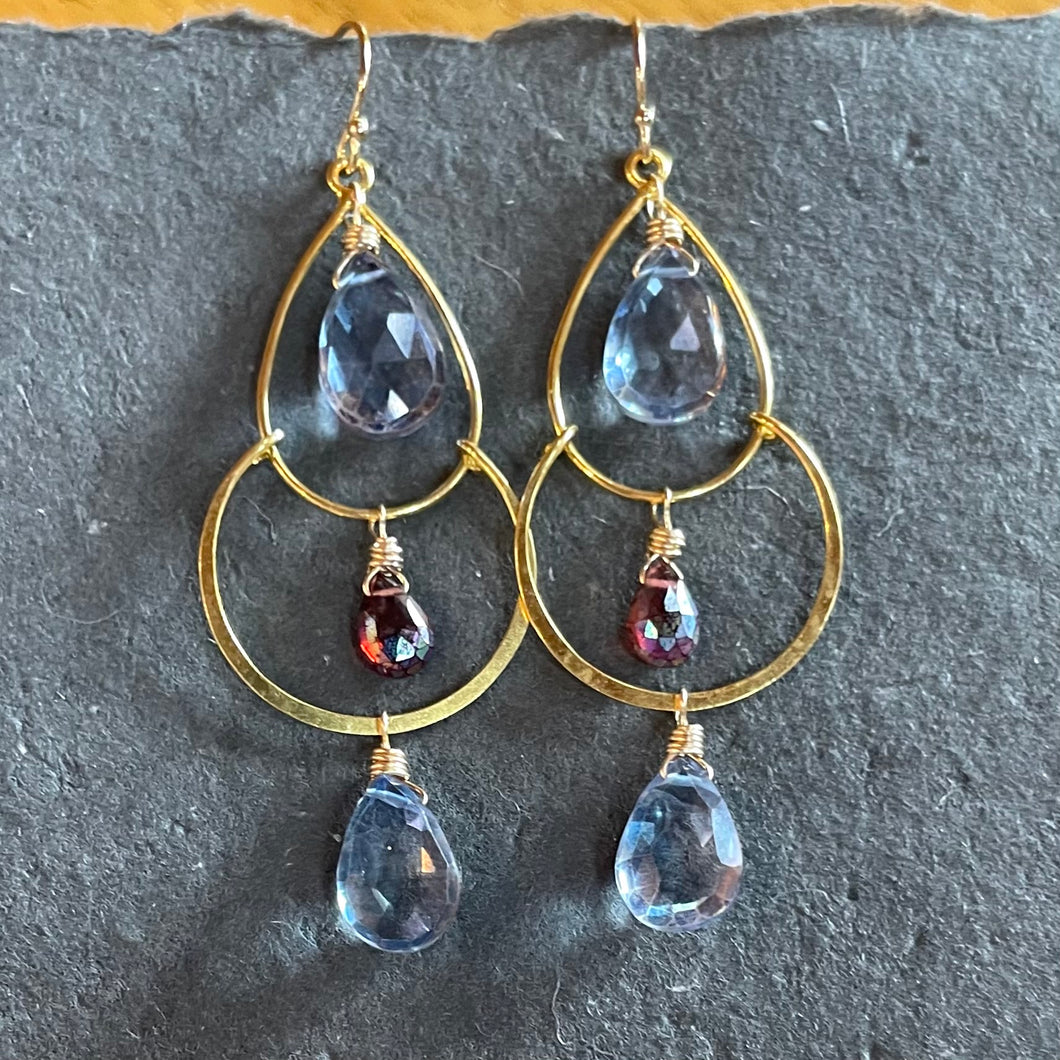 Mystic Blue Quartz and Garnet Gold Filled Double Hoops, OOAK
