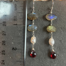 Load image into Gallery viewer, Shimmery Season Labradorite, Pearl and Garnet Dangles, OOAK