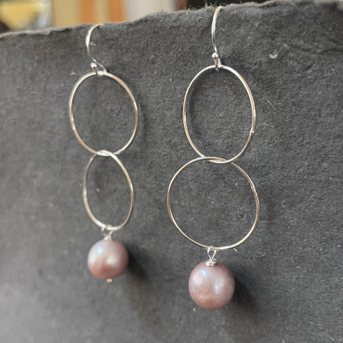 Mauve-y Pink Edison Pearl Double Hoop Earrings, Sterling Silver, OOAK