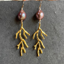 Load image into Gallery viewer, Baroque Pearl Coral Branch Chandelier Earrings, Mauve, OOAK