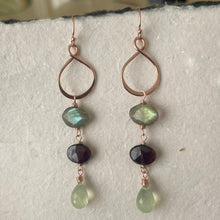 Load image into Gallery viewer, Rose Gold Infinity Hoops, Labradorite, Garnet and Prehnite Gemstones, OOAK
