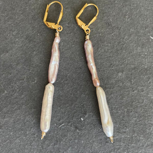 Japanese 2 Color Biwa Freshwater Pearl Dangle Earrings, OOAK