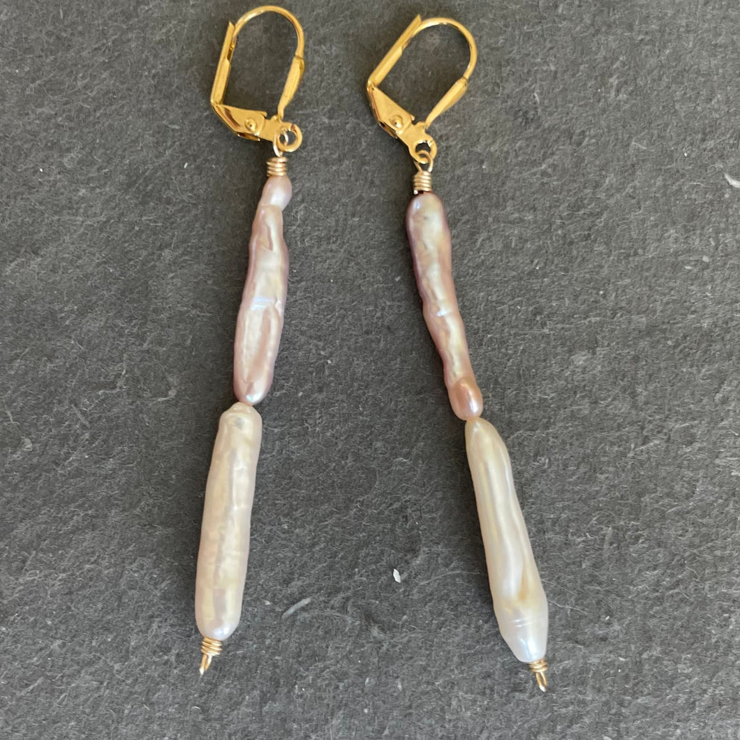 Japanese 2 Color Biwa Freshwater Pearl Dangle Earrings, OOAK