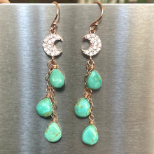 Load image into Gallery viewer, Sparkling Moon Rose Gold and Turquoise Cascade Earrings, OOAK