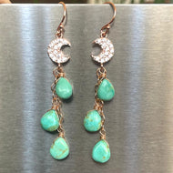 Sparkling Moon Rose Gold and Turquoise Cascade Earrings, OOAK