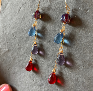 Flora European Lampwork And Quartz Dangle Earrings, Blue, Purple And Red, earwire options