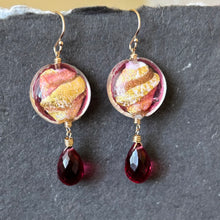 Load image into Gallery viewer, Watermelon and Gold Murano Glass and Quartz Dangle Earrings