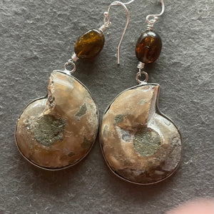 Ammonite Fossil and Tourmaline Earrings