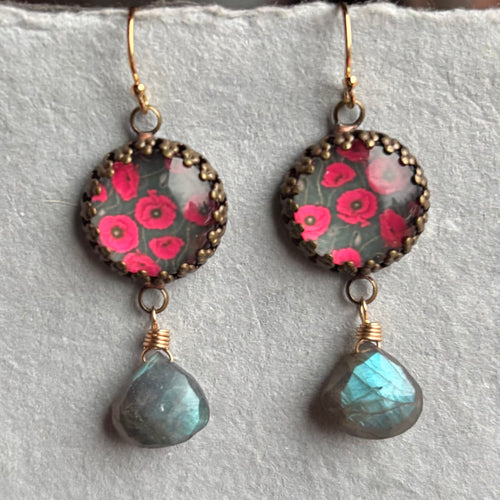 Red Poppies and Blue Flash Labradorite Earrings, OOAK