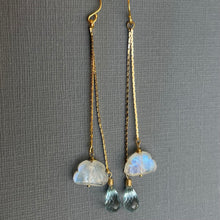 Load image into Gallery viewer, Spring Clouds Rainbow Moonstone and Blue Topaz Tassel Earrings