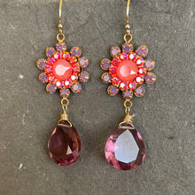 Load image into Gallery viewer, Lavender Opal, Coral Pink and Plummy Quartz Floral Teardrop Earrings