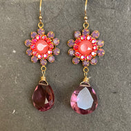 Lavender Opal, Coral Pink and Plummy Quartz Floral Teardrop Earrings