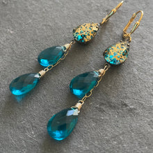 Load image into Gallery viewer, Teal Blue Pear and Gold Patina Antiqued Cascade Earrings