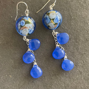 Tanzanite Blue Sweet Roses Murano Glass, Chalcedony Dangle Earrings