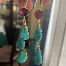 Load image into Gallery viewer, Natural Turquoise and Garnet Cascade Earrings, OOAK